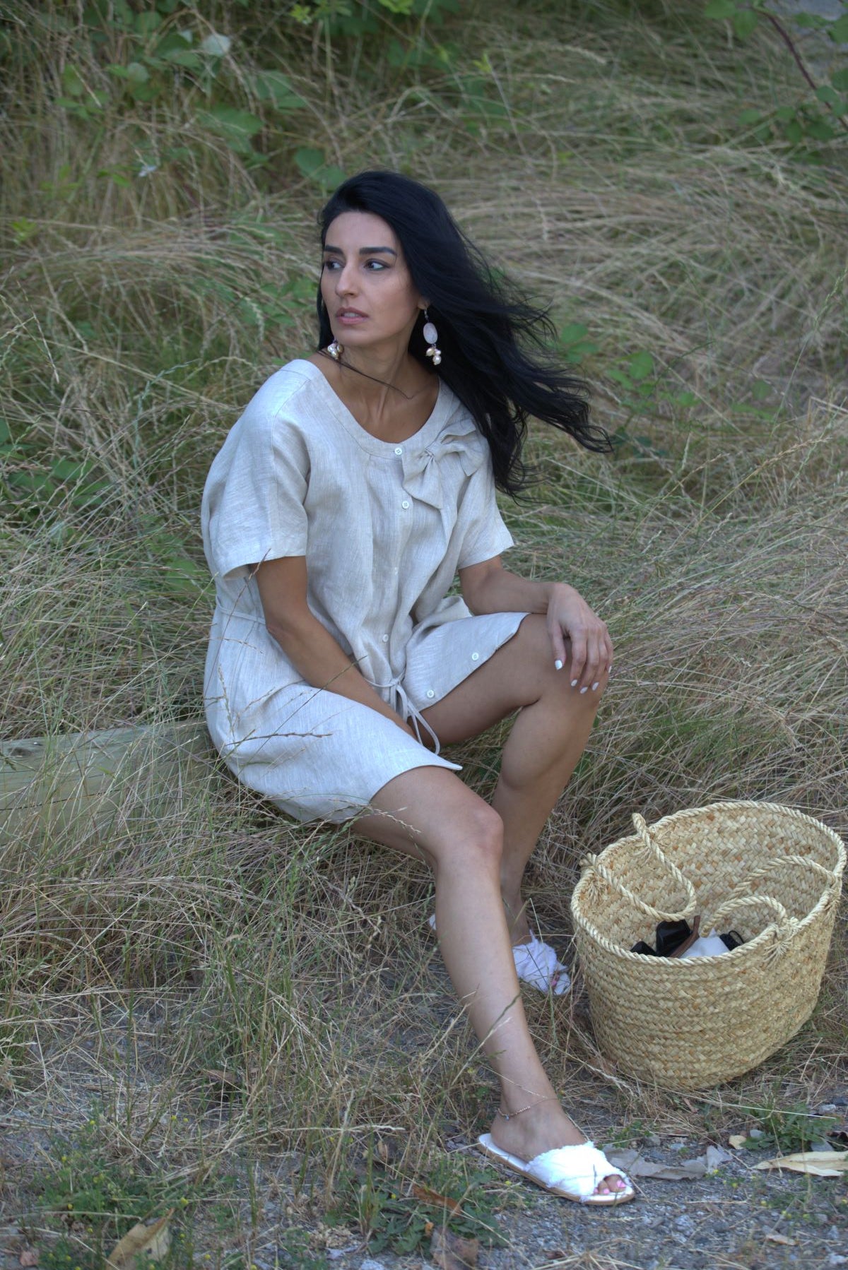 Linen Bow-Accent Short-Sleeve Dress, Beige