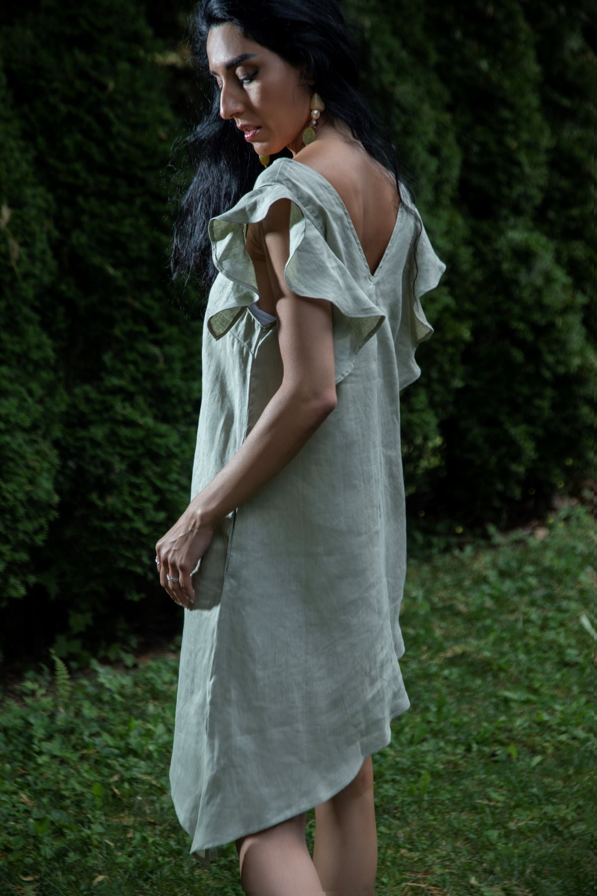 Linen Asymmetrical Ruffle Sleeve Dress, Sage