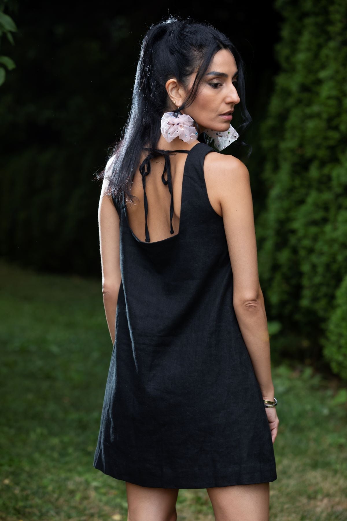 Linen Dress with Bow, Black