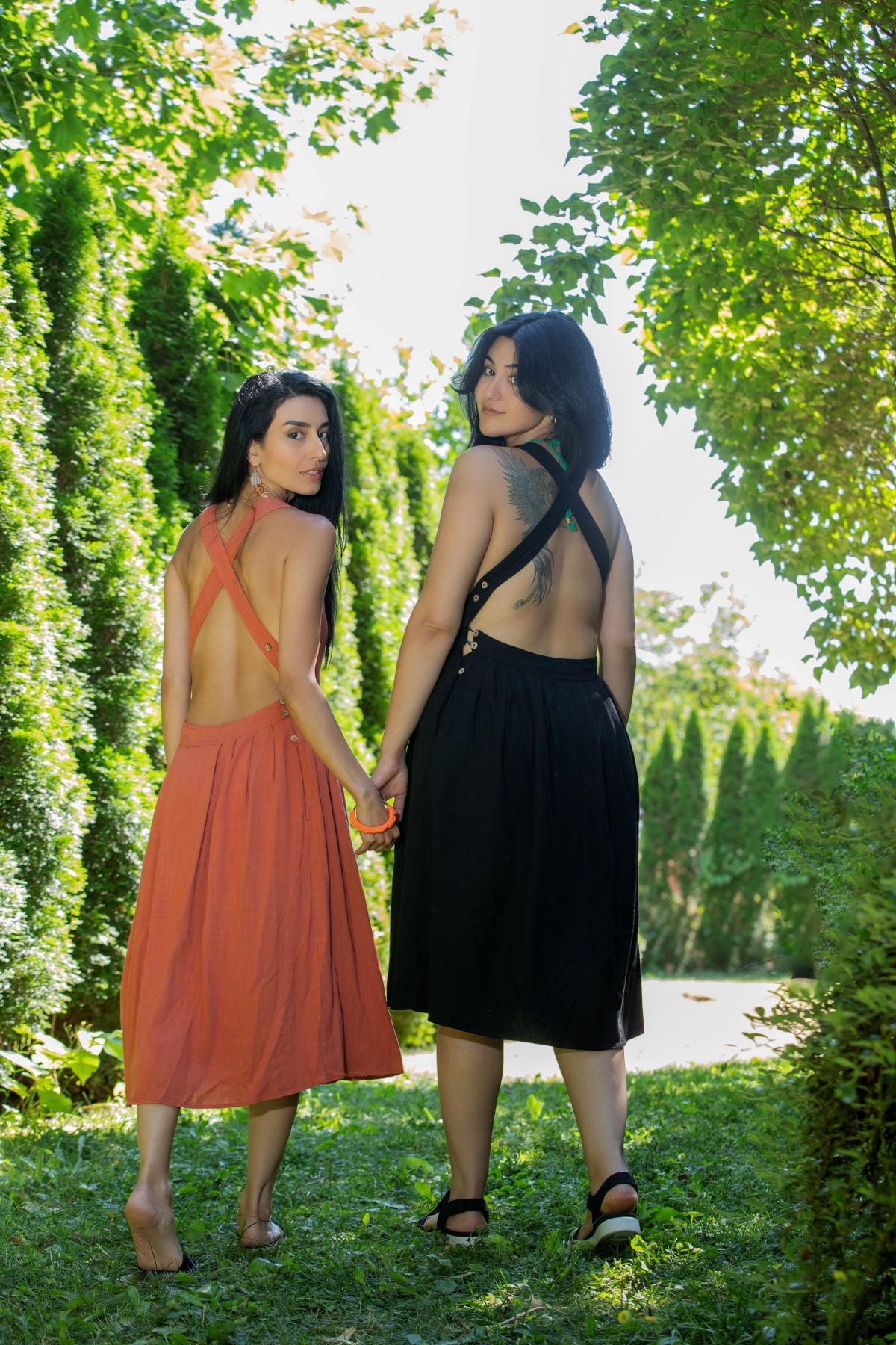 Linen Midi Dress with Square Neckline and Crisscross Back, Orange/Black