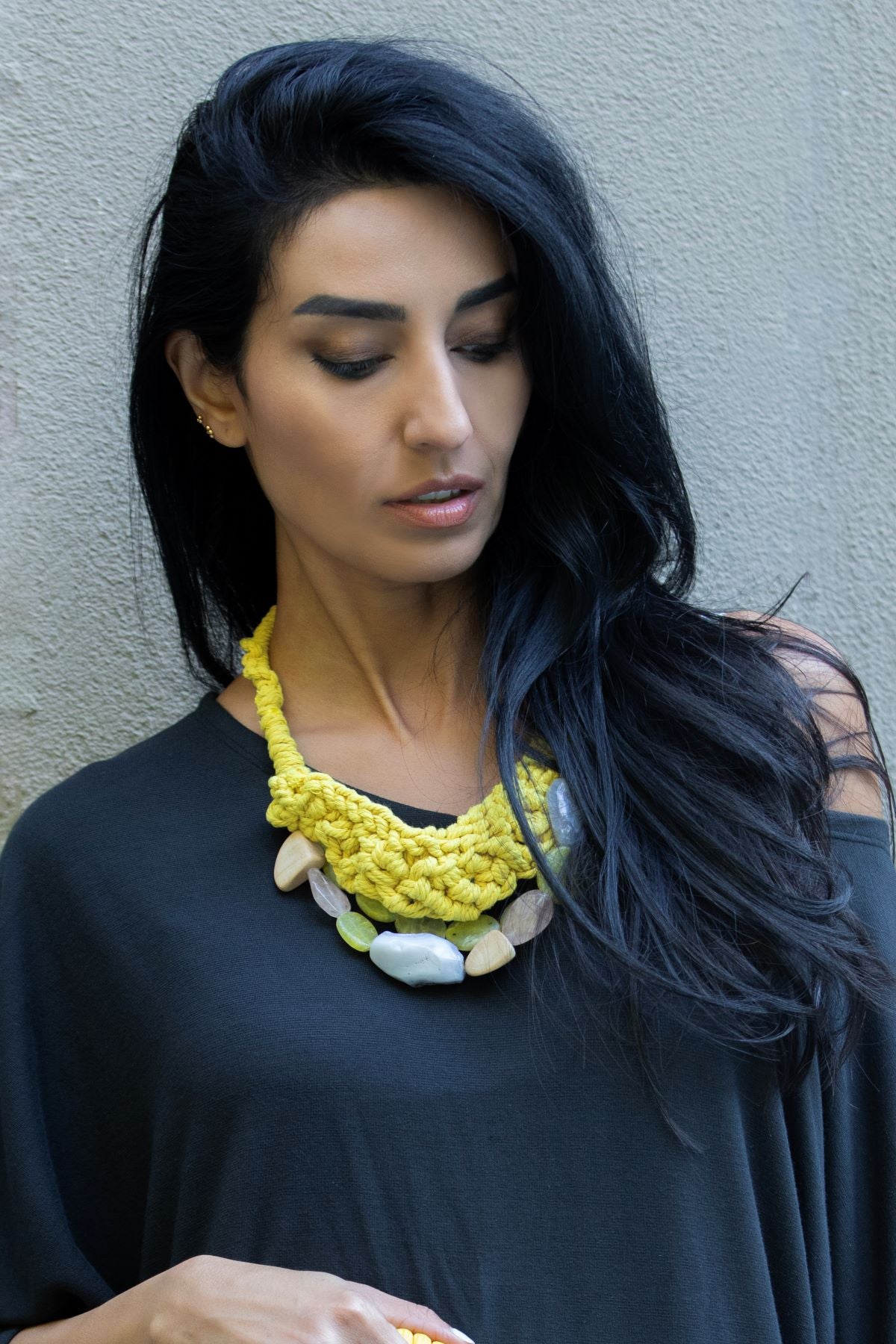Handcrafted Rope Necklace with Natural Stone Accents, Yellow