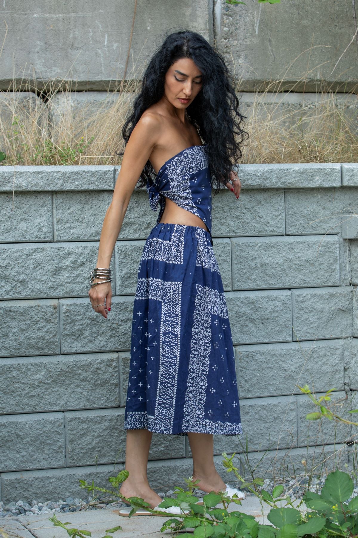 Strapless Bandana Print Two-Piece Dress Set, Blue kimkimely Strapless Bandana Print Two-Piece Dress Set, Blue kimkimely