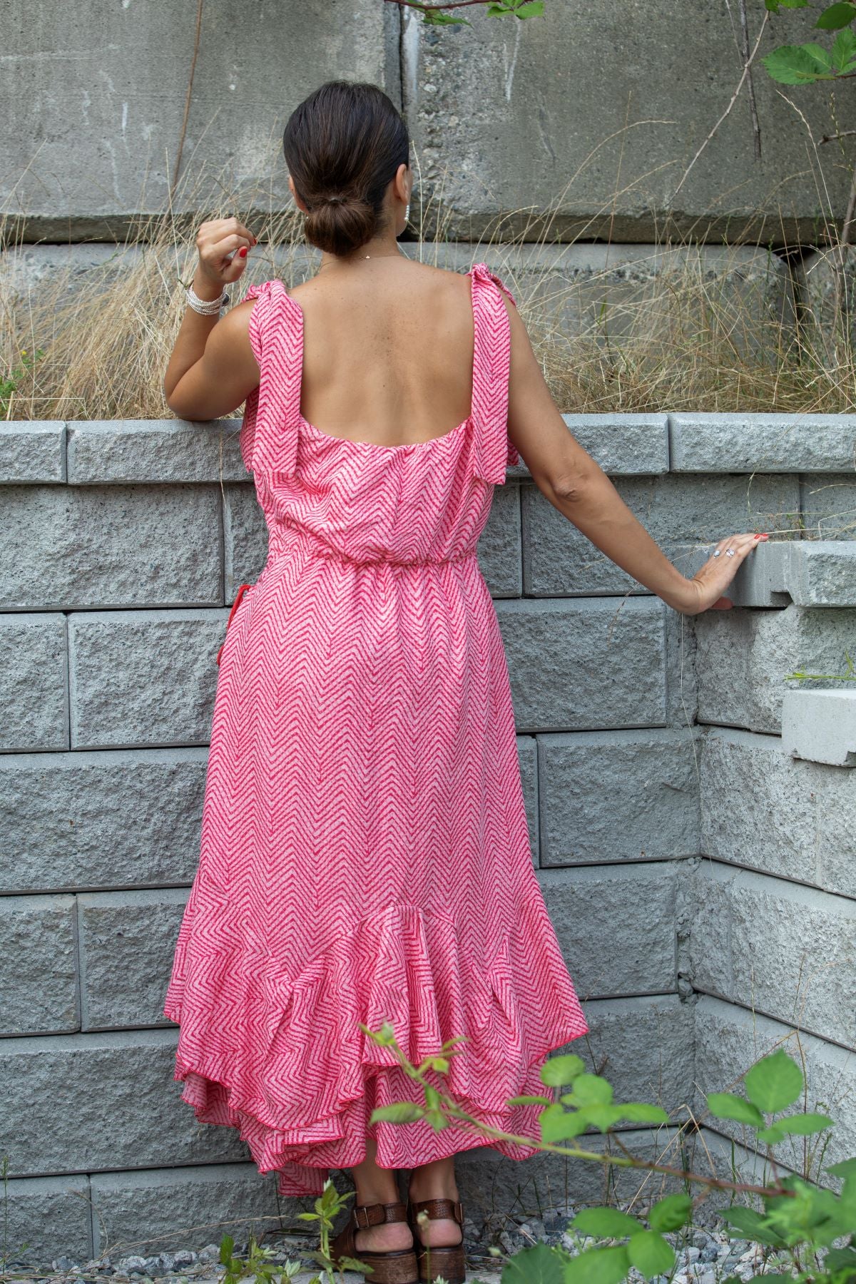 Chevron Print Sleeveless Dress with Tie Shoulder Straps, Pink