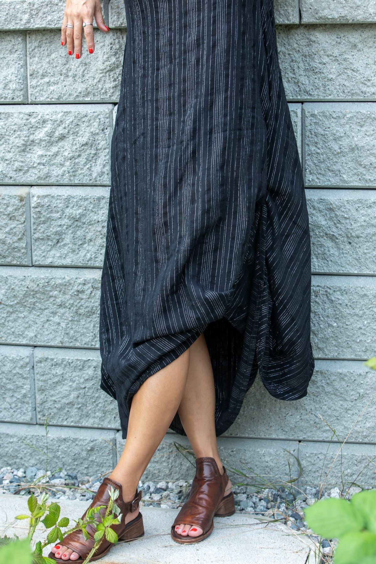 Sleeveless Striped Dress with Cowl Neck, Black