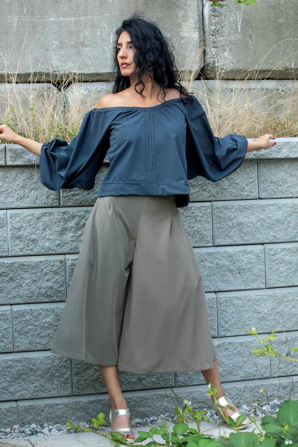 Wide-Leg Culottes with Natural Waist, Olive