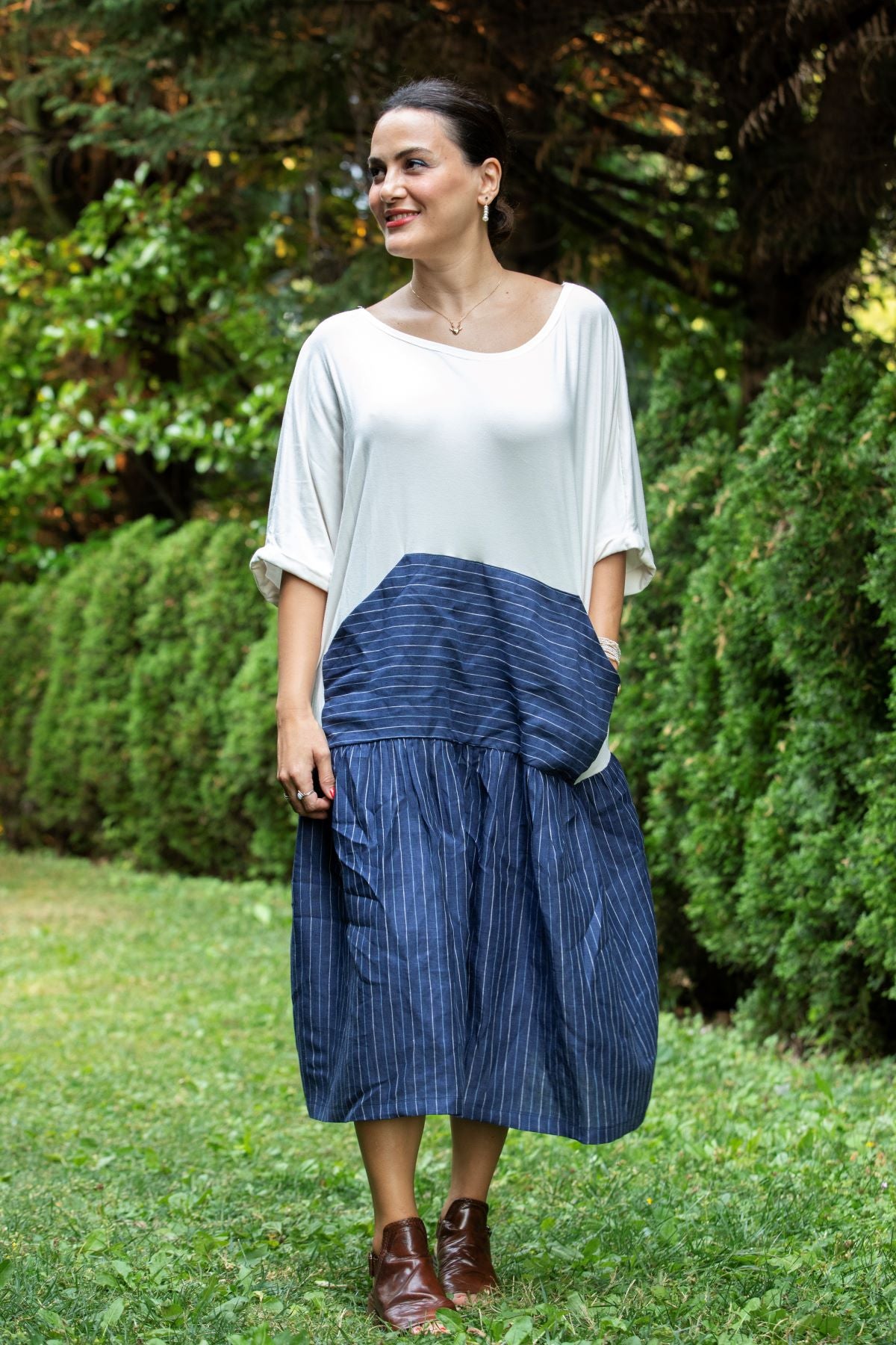 Linen Color Block Dress with Striped Detail, White & Blue kimkimely Linen Color Block Dress with Striped Detail, White & Blue kimkimely