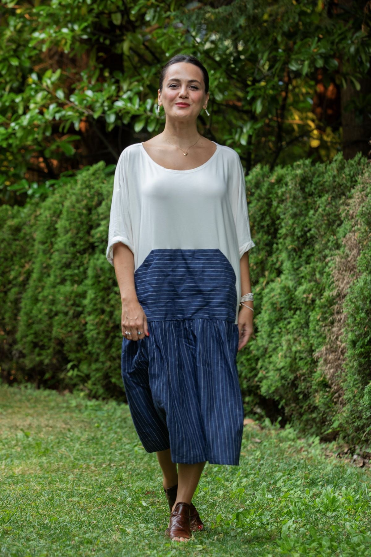 Linen Color Block Dress with Striped Detail, White & Blue