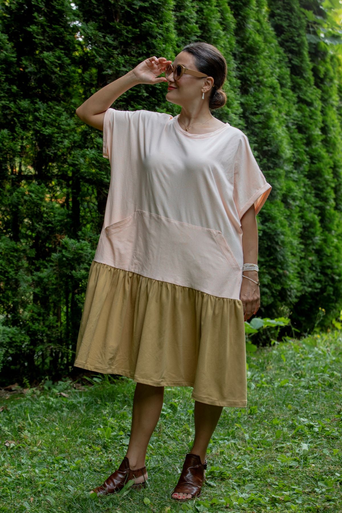 Trapeze Dress with Color Block Design, White & Beige