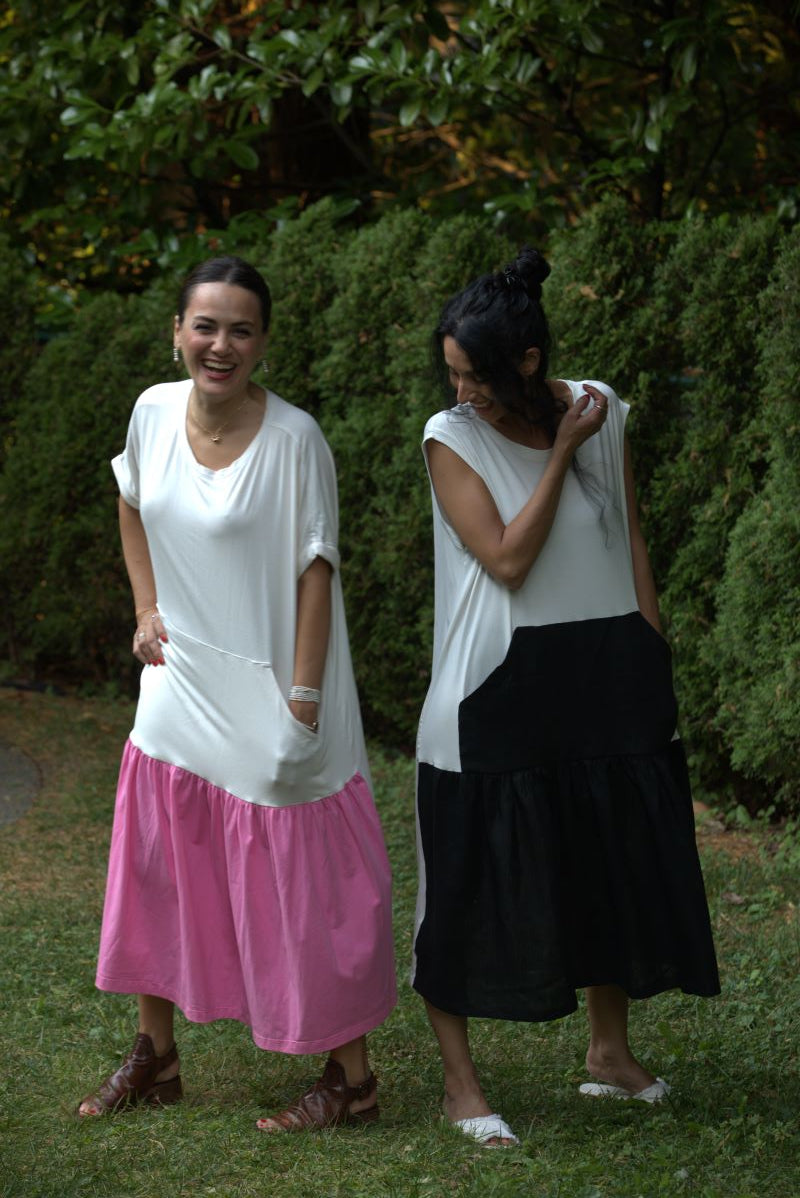 Short Sleeve Color Block Dress with Pockets, White & Pink