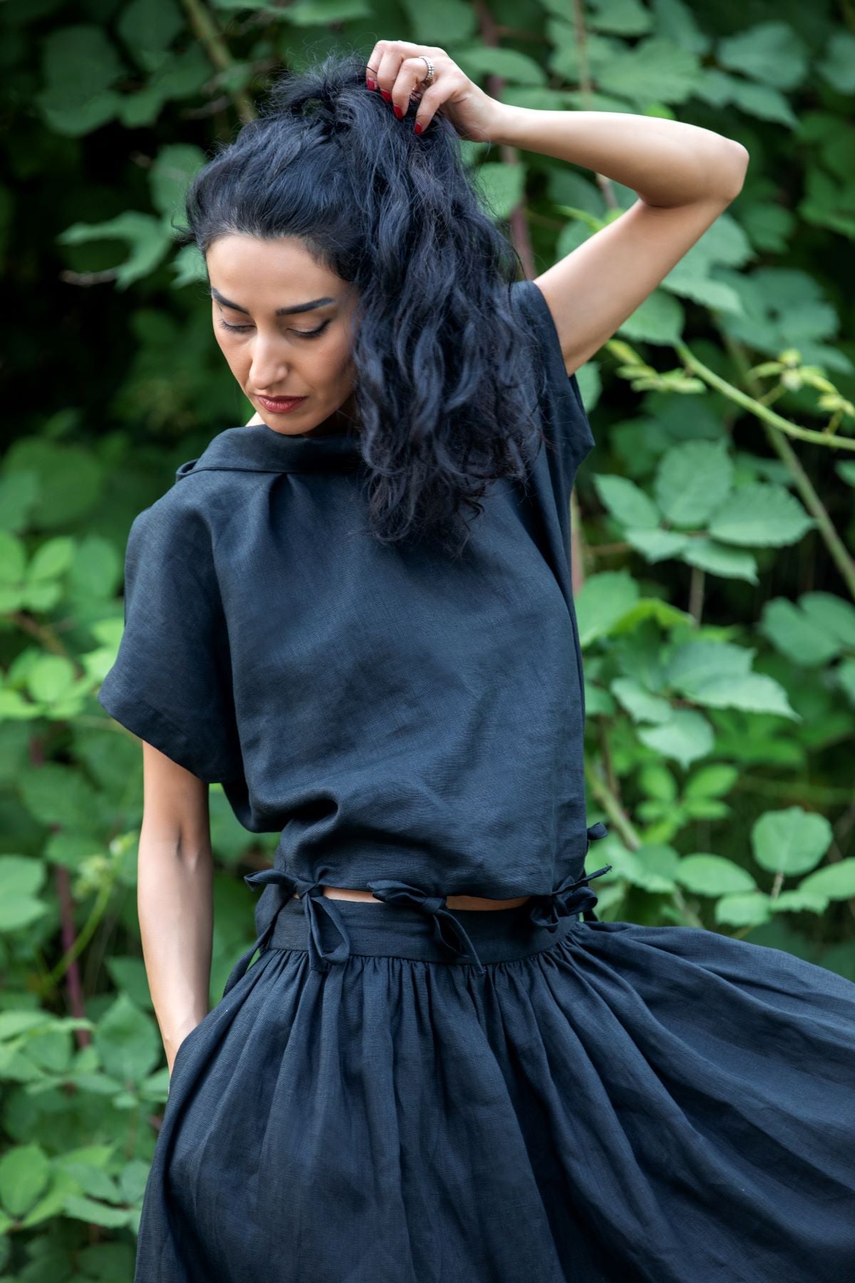 Two-Piece Linen A-Line Skirt and Top Set with Pockets, Black Two-Piece Linen A-Line Skirt and Top Set with Pockets, Black