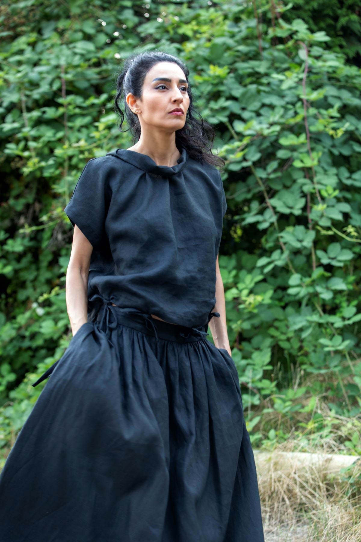 Two-Piece Linen A-Line Skirt and Top Set with Pockets, Black