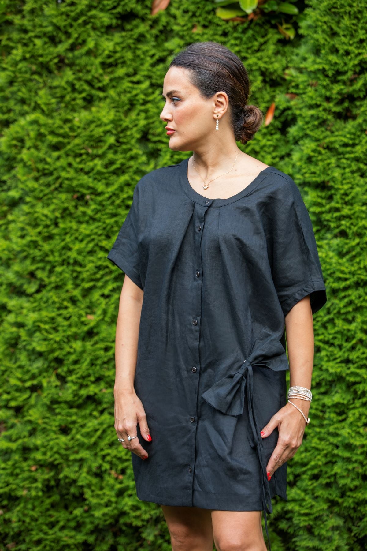 Shift Dress with Decorative Tie Detail, Black