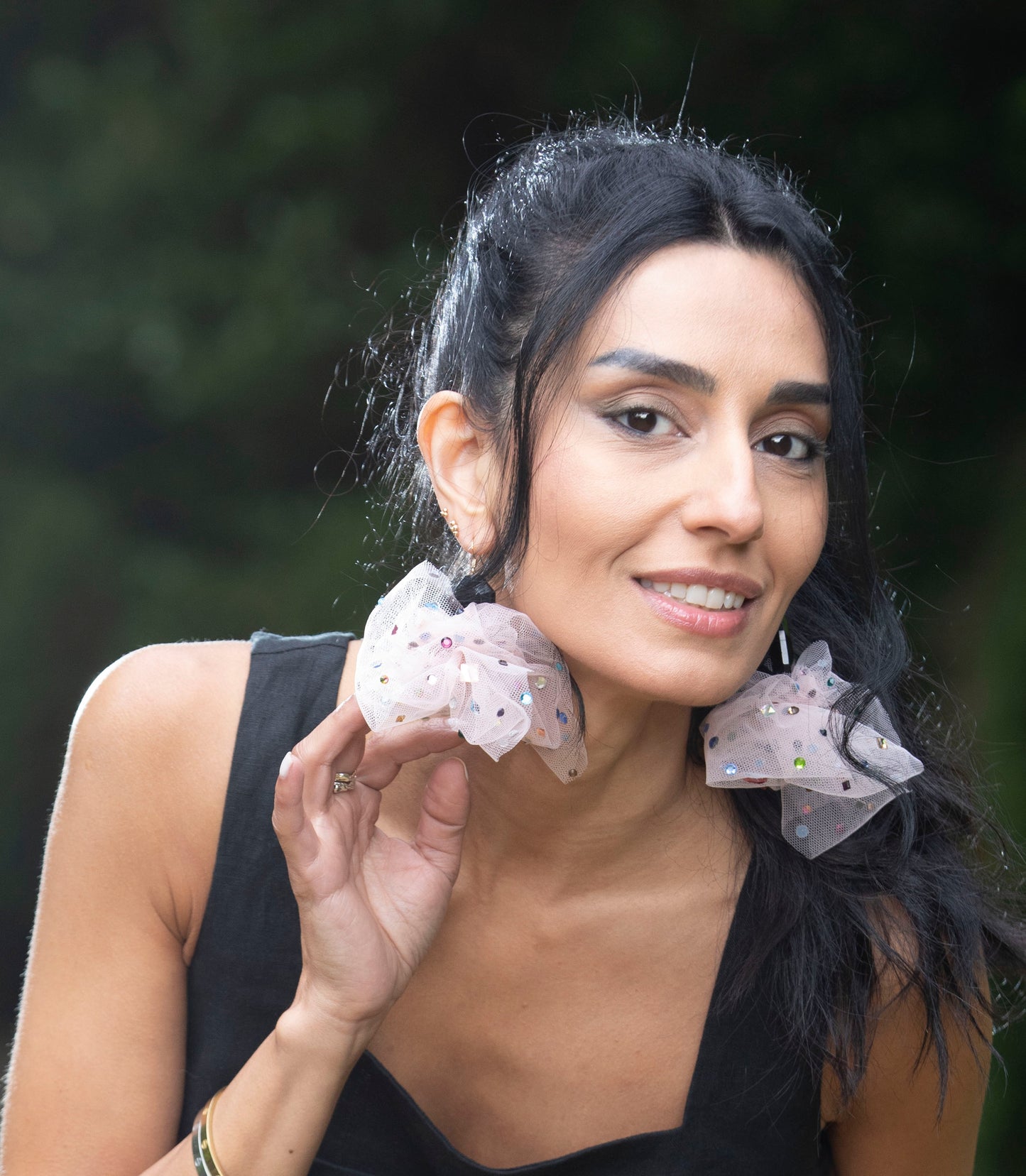 Fabric Pom-Pom Earrings with Sparkling Accents