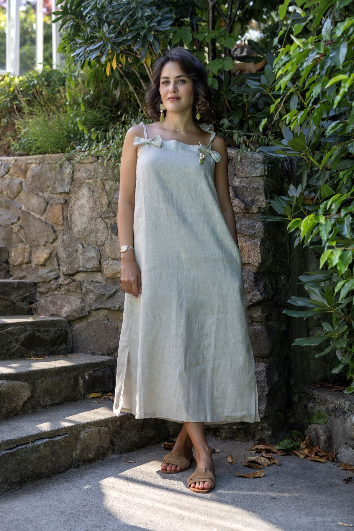 Linen Midi Dress with Bow Accents, Beige/Black kimkimely Linen Midi Dress with Bow Accents, Beige/Black kimkimely