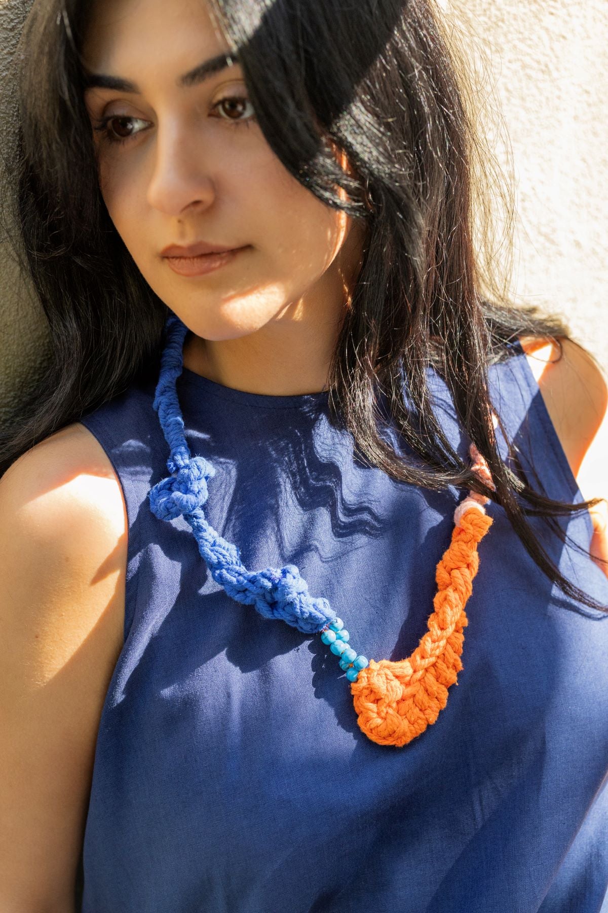 Rope Necklace with Bead Detail, Blue & Orange