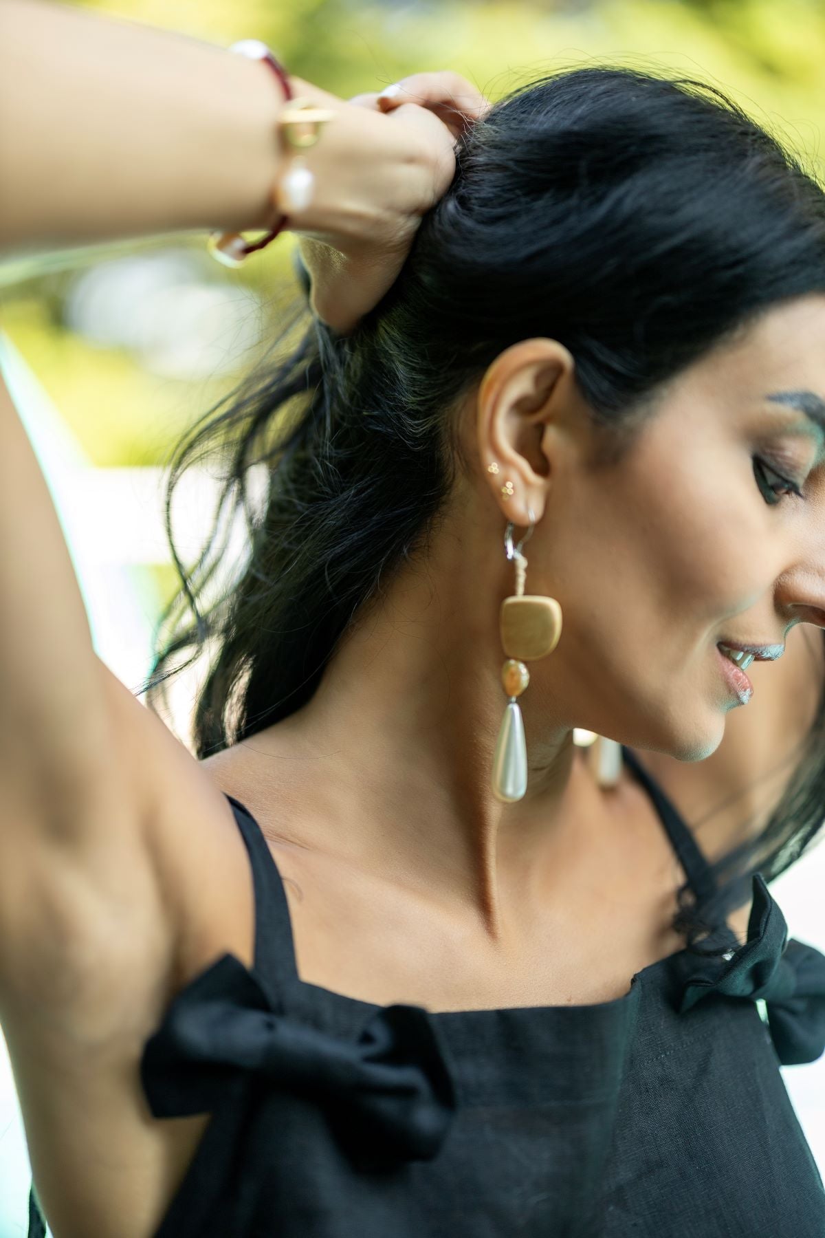 Linen Midi Dress with Bow Accents, Beige/Black