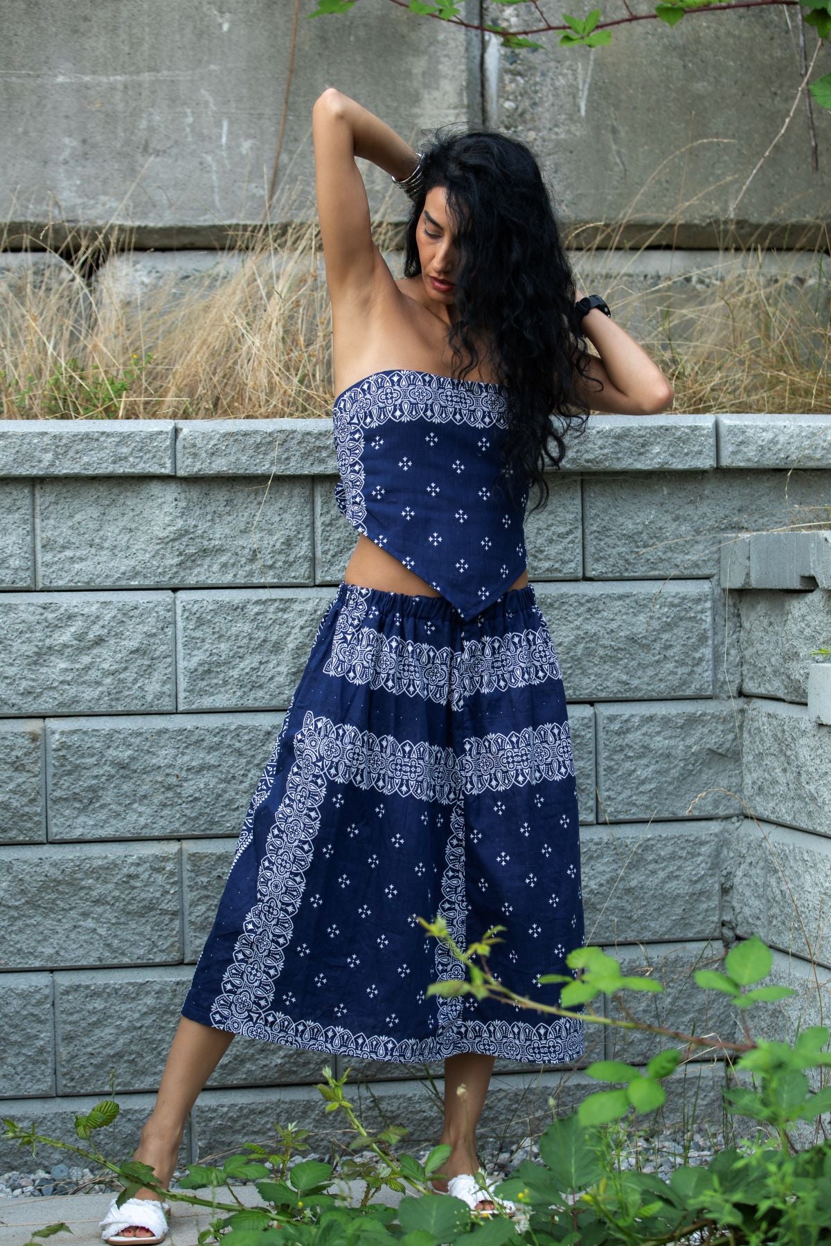 Strapless Bandana Print Two-Piece Dress Set, Blue kimkimely Strapless Bandana Print Two-Piece Dress Set, Blue kimkimely