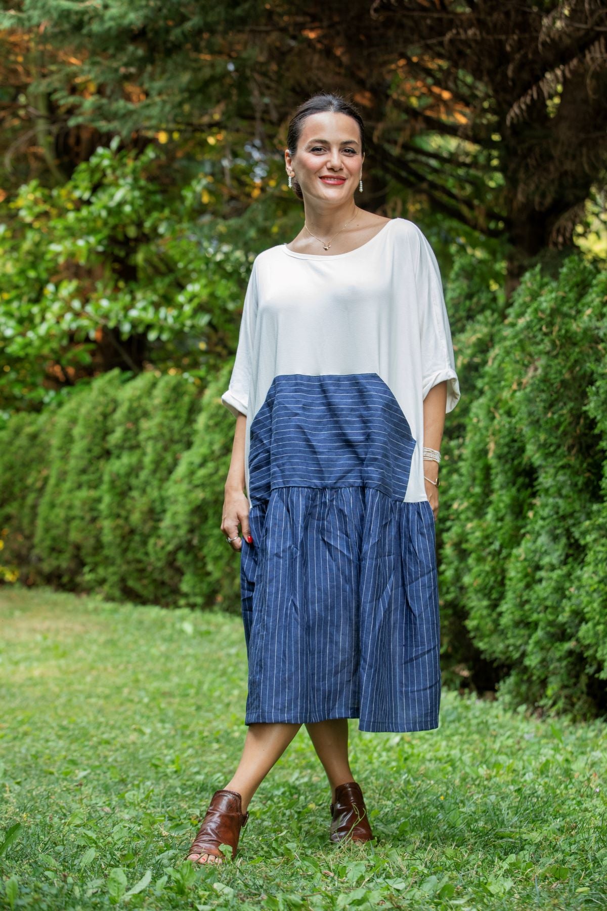 Linen Color Block Dress with Striped Detail, White & Blue Linen Color Block Dress with Striped Detail, White & Blue