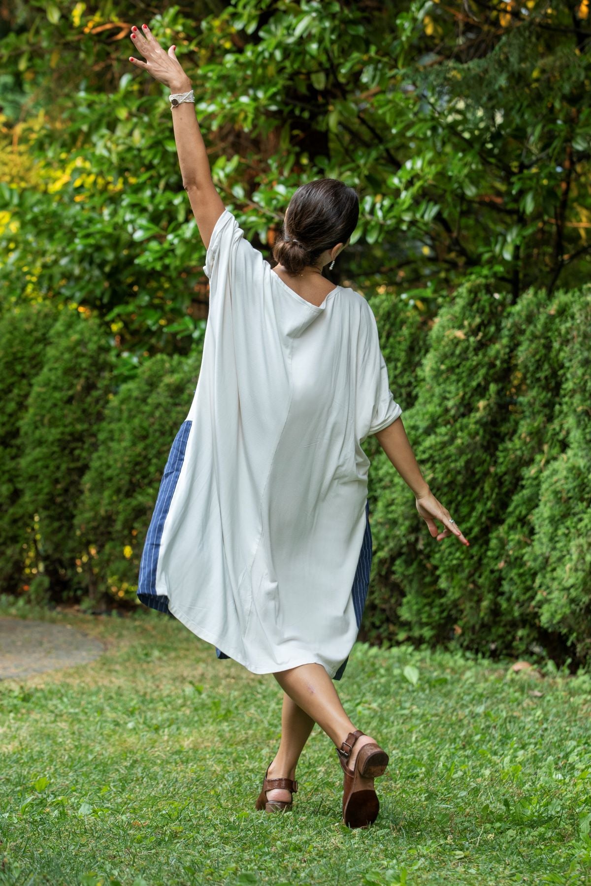 Linen Color Block Dress with Striped Detail, White & Blue kimkimely Linen Color Block Dress with Striped Detail, White & Blue kimkimely