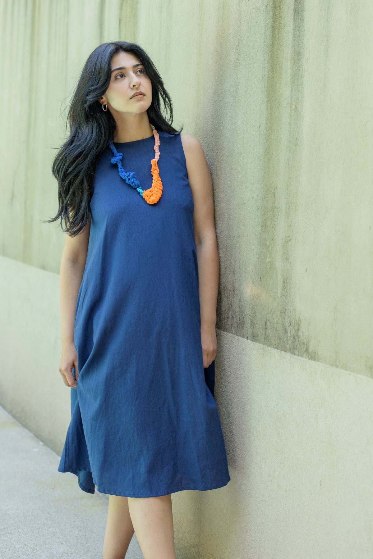 Sleeveless Dress with Bow-Tie Back Detail, Blue/Beige kimkimely Sleeveless Dress with Bow-Tie Back Detail, Blue/Beige kimkimely