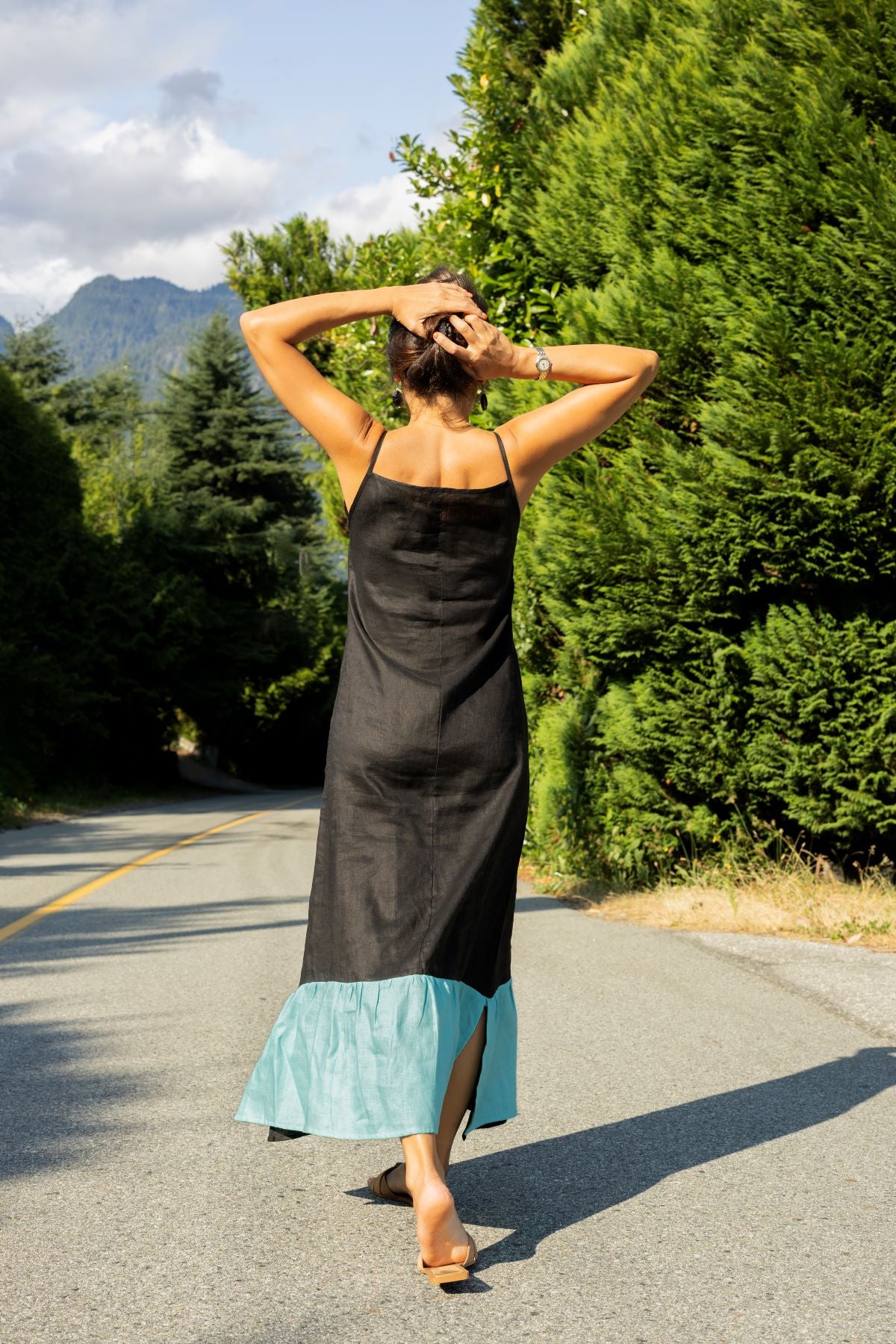 Linen Spaghetti Strap Dress with Blue Ruffle Hem Black